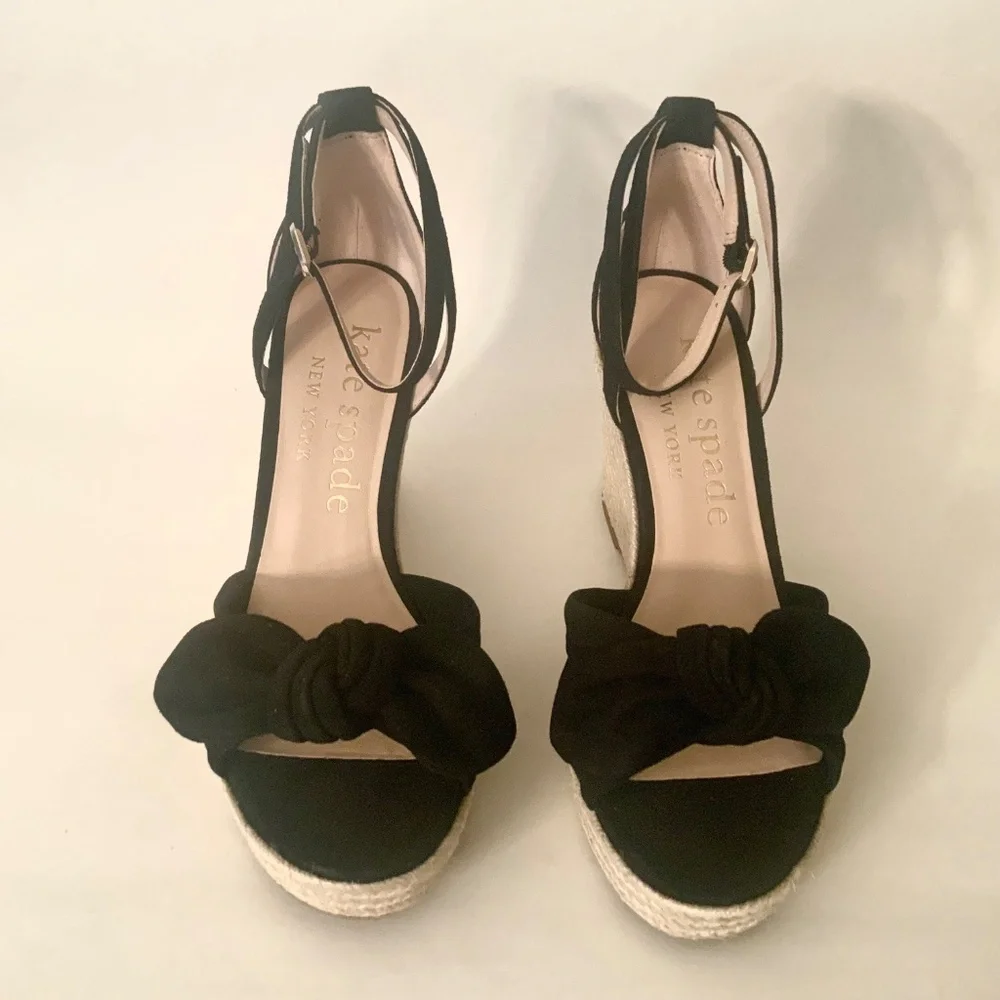 Kate Spade Tianna Black Suede Espadrille High Wedge Platform Sandals Pumps 9.5